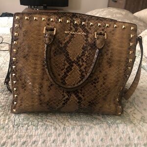 Michael Kors Tan Snake-Print Studded Tote